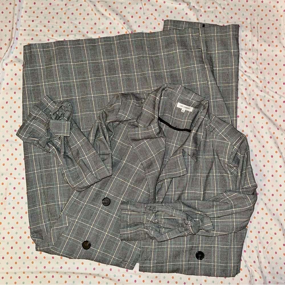 Lulumari Plaid Trench Coat - L, Double Breasted, Tie Sleeves, Shoulder Pads